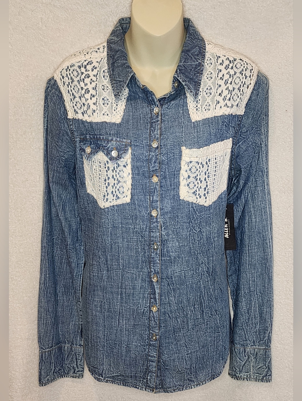 Allen B. By Allen Schwartz Blue Denim Button-Down Shirt with White Lace Accents